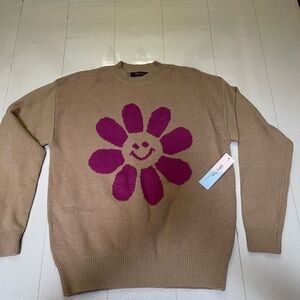 Smiley Flower Sweater - Tan and Pink